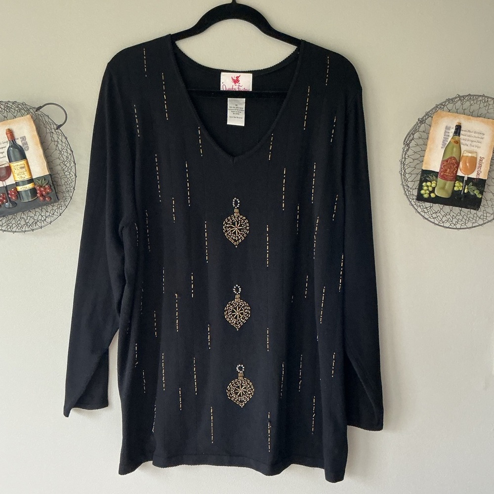 Quacker Factory Black Long Sleeve Top with Gold Embellishments